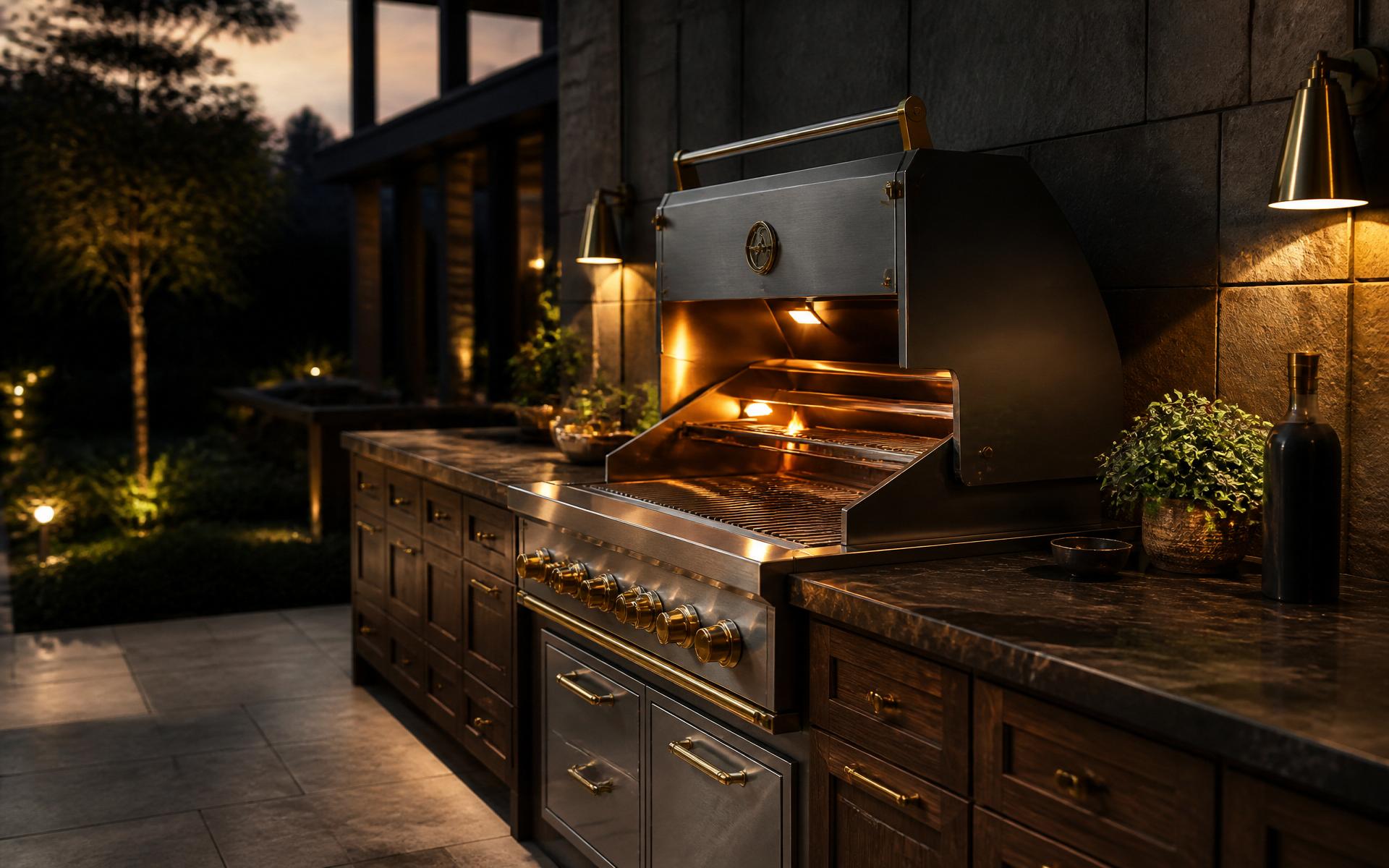 Luxury outdoor kitchen at dusk with brass-accented grill